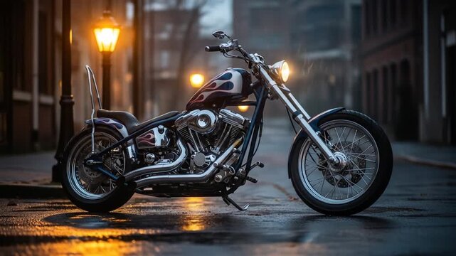 Custom chopper motorcycle parked on wet city street at night
