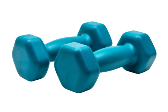 Pair of vibrant blue dumbbells ready for strength training and fitness goals, perfect for home workouts and healthy lifestyle.