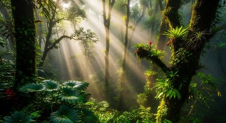 Sunlight filtering through trees in a lush tropical rainforest scene