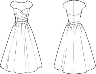 Sweetheart neckline dress, fashion sketch, technical illustration, cap sleeves, pleated bodice, flared skirt, midi length, zipper back, garment design, sewing pattern