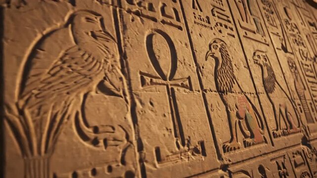 A slow pan across ancient Egyptian hieroglyphs carved in stone. Close-up detail of the Ankh, the key of life, inside a historic tomb