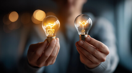 Hands conducting A/B test comparison with lightbulb winning variation insight creative testing strategy digital marketing optimization test results visible face defocused with