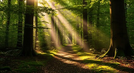 Sunlight Through Forest Trees Creates Serene Woodland Path Scene