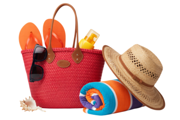 Beach essentials ready for a relaxing day, featuring a vibrant red tote bag, sunglasses, sunscreen, flip-flops, a straw hat, and a colorful beach towel.