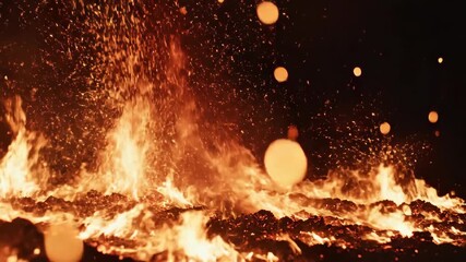 Intense fire erupting with sparks and embers in slow motion. A close-up of hot glowing flames and molten particles. Abstract background of raw power and energy - Powered by Adobe