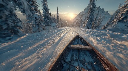 epic first-person sledding adventure: capture the thrill of winter with a stunning pine forest perspective – perfect for sports-themed interior posters!