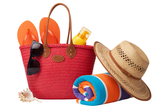 Beach essentials ready for a relaxing day, featuring a vibrant red tote bag, sunglasses, sunscreen, flip-flops, a straw hat, and a colorful beach towel.