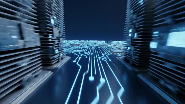 Fast animation of a futuristic digital circuit board. Vertical video of high-speed data transfer through a glowing blue network. Technology and artificial intelligence concept - Powered by Adobe