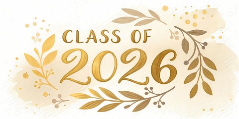 Elegant golden class of 2026 text with decorative floral branches and subtle glitter accents on a white background.