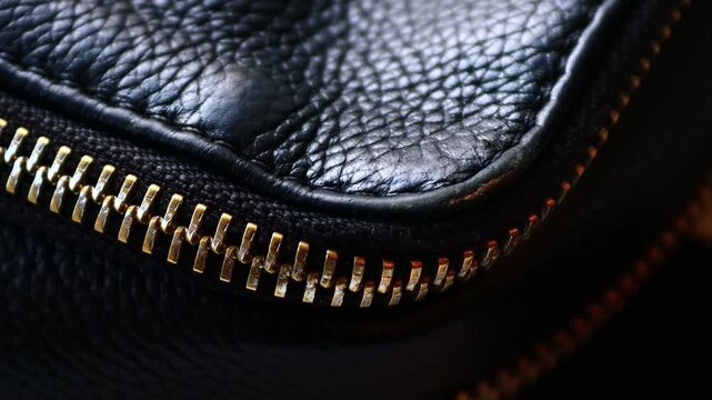 A close-up shot of a black purse featuring gold zippers