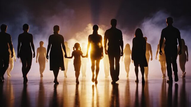 A diverse group of people in silhouette walking forward together out of the dark. A community moving towards a bright light of hope and a new future. Unity and progress concept