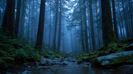 Fototapeta premium A forest with a stream running through it. The water is dark and the trees are tall