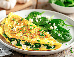 Spinach and goat cheese omelet, closeup. AI