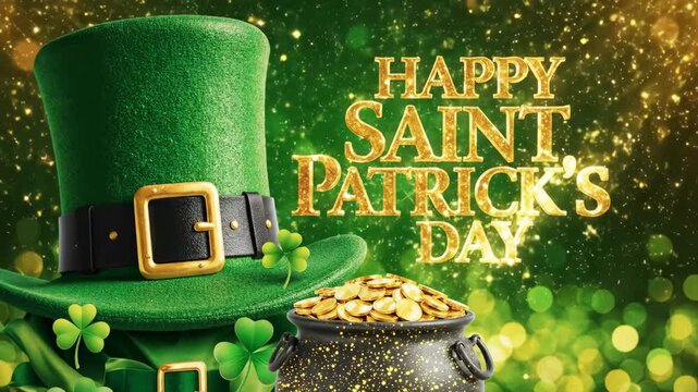 Happy Saint Patrick's Day animated greeting card. Leprechaun hat, pot of gold, and shamrocks on a sparkling green background. Irish holiday celebration