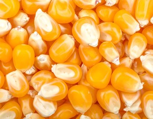 Fototapeta premium A close-up view presents a tightly packed cluster of golden-yellow kernels, showing various angles and textures. Each kernel possesses a glossy surface