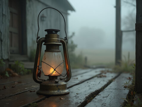 Vintage Oil Lantern Glowing on Wet Wooden Porch in Morning Fog. Horror photo style of an Oil Latern.