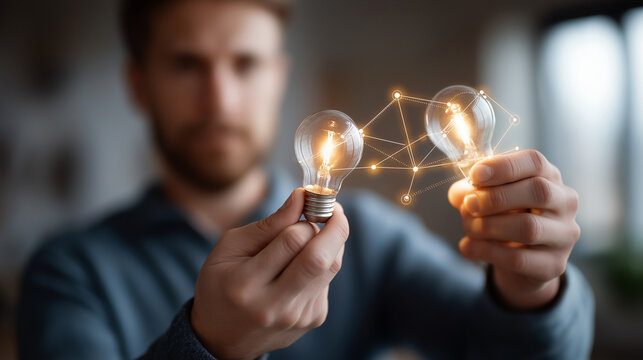 Hands connecting marketing tech stack tools with lightbulb integration solution creative MarTech ecosystem digital platform strategy diagram visible face defocused with copy