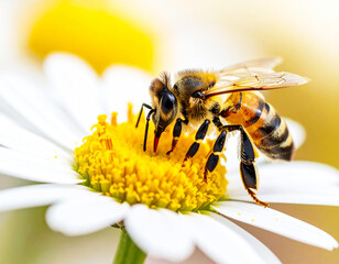 Honeybee pollinating a daisy flower, macro shot. AI