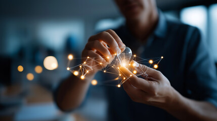 Hand configuring marketing automation workflow with lightbulb efficiency concept creative process optimization digital tool integration interface visible face not shown