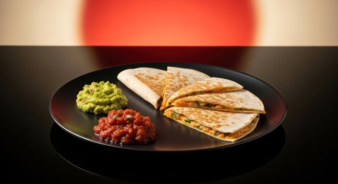 Deliciously Crafted Quesadillas with Fresh Guacamole and Tomato Salsa Display
