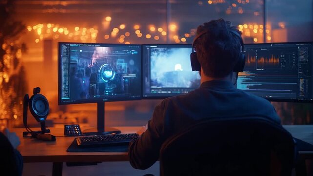 Computer Experts Work at Night on Multiple Screen Development