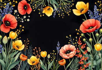 Colorful floral arrangement with vibrant flowers on a black background showcasing nature's beauty