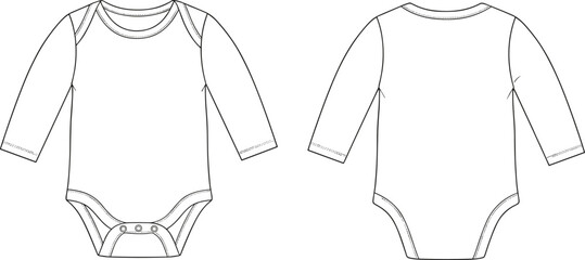 Baby onesie technical sketch, front and back view, long sleeve infant bodysuit, fashion flat drawing, garment design template, apparel illustration