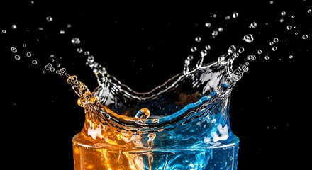 Vibrant multicolored water splash on black background creating dynamic shapes