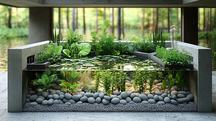 Cutaway view of a biofilter pond showing natural filtration setup Generative AI