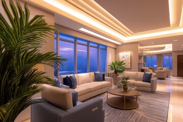 Fototapeta premium Modern living room interior design featuring elegant furniture, plants, and city skyline views at dusk
