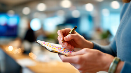 Hands reviewing focus group notes with lightbulb pattern recognition creative qualitative research digital consumer understanding notepad visible face defocused with copy