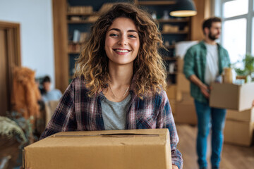 Smiling woman carrying moving box while relocating with her partner into their new cozy apartment