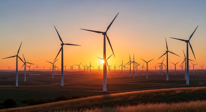 Wind turbine farm at sunset providing clean renewable energy source