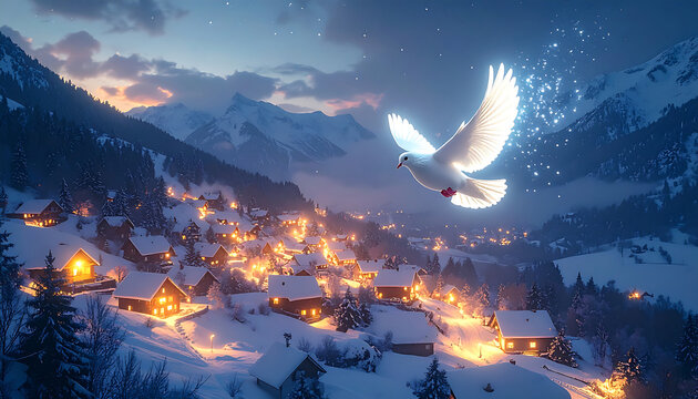 Peaceful winter village illuminated at dusk with a glowing dove soaring above snow-capped mountains, symbolizing hope and tranquility - Powered by Adobe