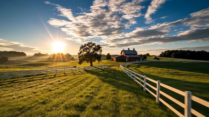 Time-lapse of a sunrise over a rural farm landscape. Vertical video of a red barn and white fence on a green hill. Morning in the countryside with golden light and moving clouds - Powered by Adobe