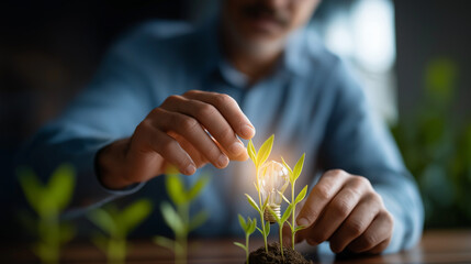 Hands analyzing viral coefficient with lightbulb organic growth insight creative expansion strategy digital marketing multiplication calculations visible face defocused with