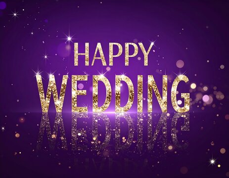 Shimmering golden text "Happy Wedding" on a purple background
