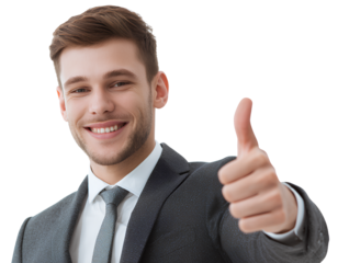 young businessman showing thumbs up