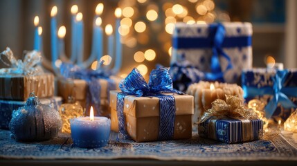 blue holiday gifts with glowing candles
