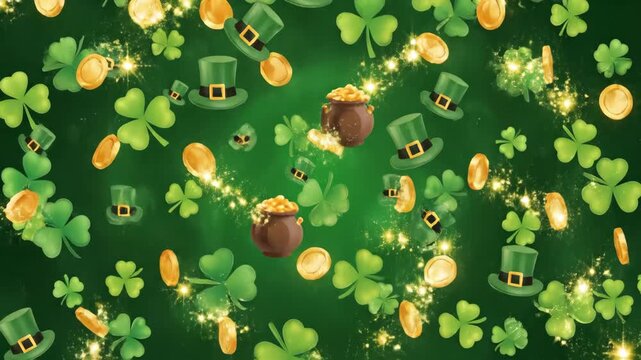 Vertical St. Patrick's Day animation with falling shamrocks and gold coins. A festive background with leprechaun hats and sparkling glitter for an Irish holiday celebration