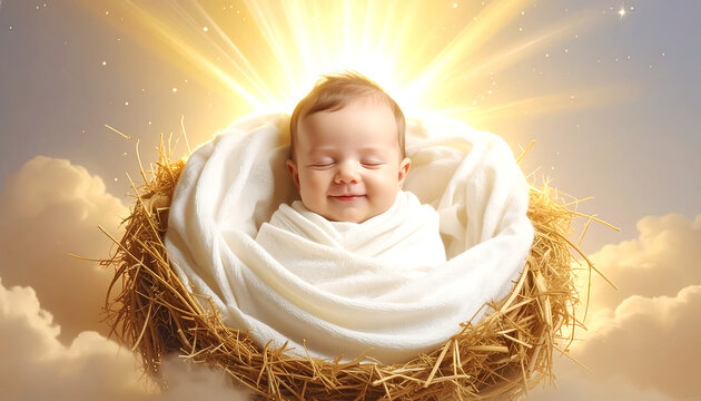 Close-up of a newborn baby wrapped in swaddling clothes nestled in a hay manger, bathed in divine heavenly light and clouds, evoking peace and serenity