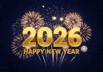 Golden 2026 happy new year greeting surrounded by festive fireworks display