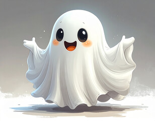Cute and friendly ghost illustration with a happy face, perfect for Halloween decorations, children&rsquo;s party invitations, and spooky-yet-fun designs.