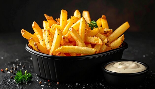 Golden crispy French fries served in a black container, topped with ketchup and parsley, with a side dish of ketchup&mdash;set against a dark background