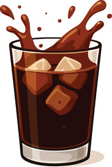 Brown liquid splashing from glass with ice cubes drink