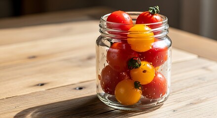 Vibrant assortment of fresh red and yellow cherry tomatoes glistening inside a simple glass jar on a rustic wooden table