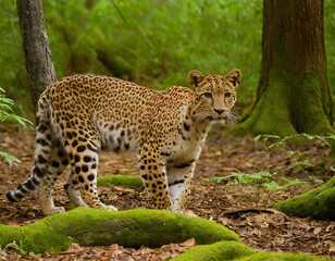 Fototapeta premium leopard in the tree, Wildlife camera traps capturing images of rare and endangered species in their natural environments for study