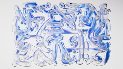 Abstract geometric maze structure made of glass tubes, isolated on white background. Blue objects...