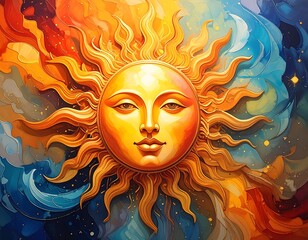 Radiant, stylized celestial sun with a serene face and swirling colored background