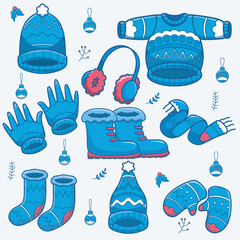 Winter set accessories in blue color. Hat, scarf, sweater, boots, gloves and etc. Cartoon flat vector illustration.